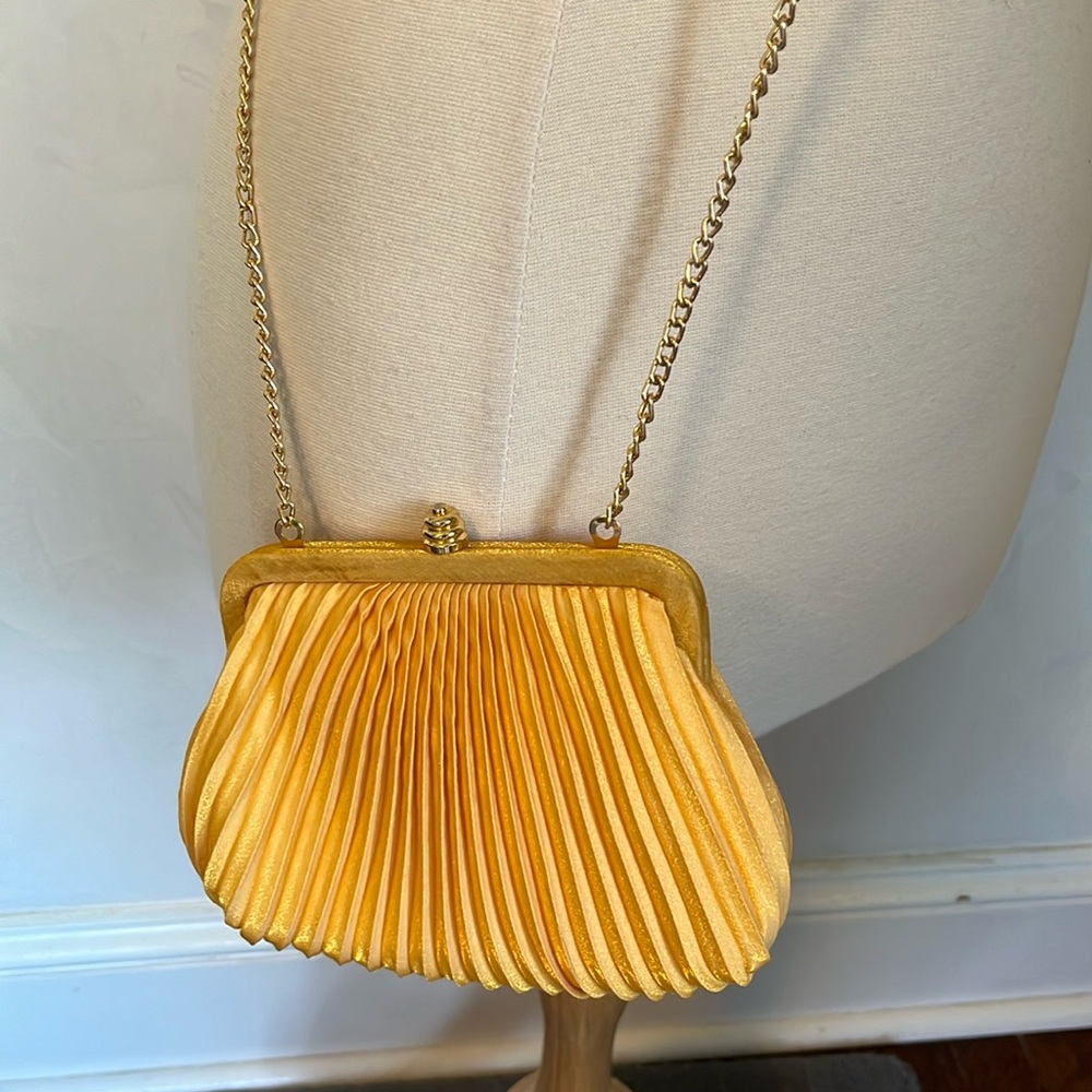Sasha Gold Satin Pleated small purse w/Gold chain shoulder strap 7.5”W X 5.5”H - Picture 6 of 12